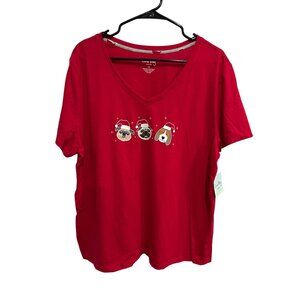 Coral Bay NWT Womens Red Christmas V Neck Tee Shirt With Dog Graphic SZ XL